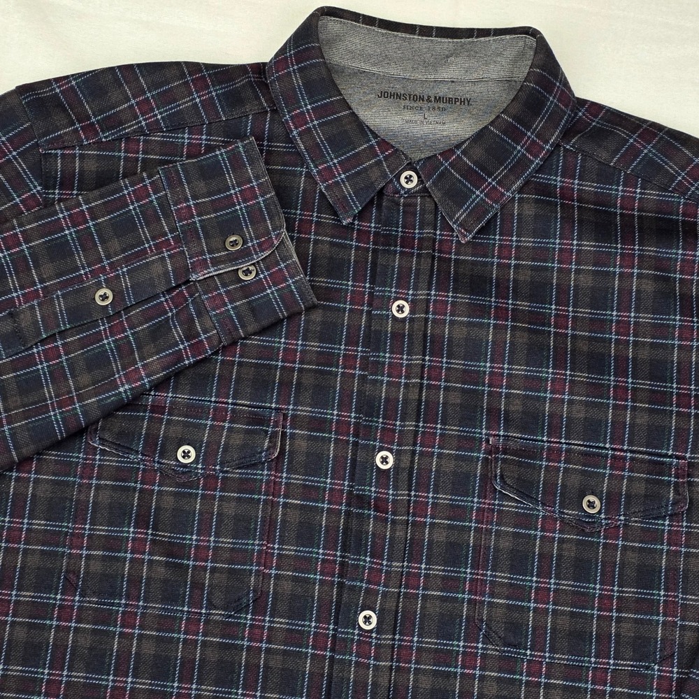 Johnston & Murphy Shirt Mens Large Black‎ Plaid Long Sleeve Stretch 74-4826